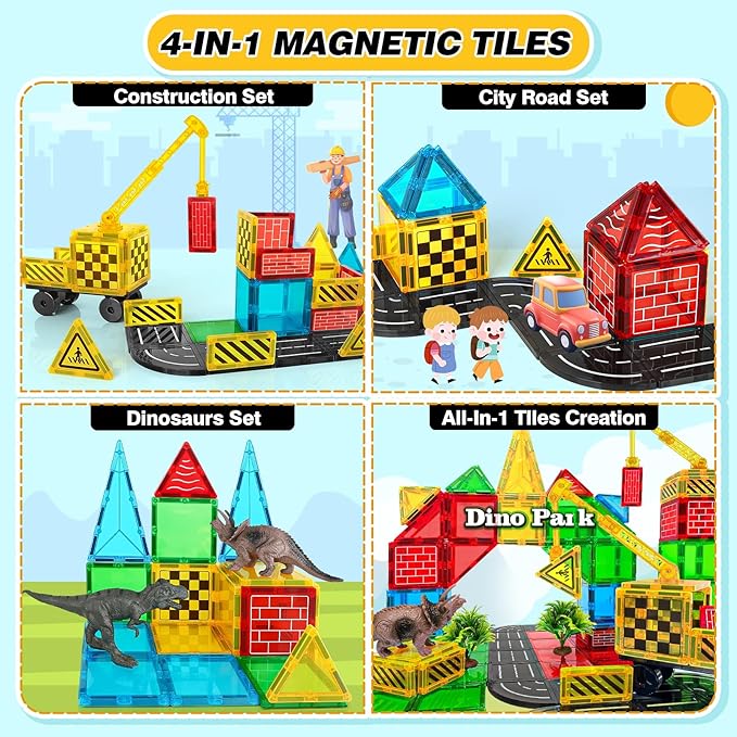 Magnetic Tiles Road Building Blocks - Magnet Crane Car Set for Kids Ages 3-5 4-8 5-7 Preschool City Construction Kids Games Dinosaur Toddler Toys for 3+ Year Old Boys Girls Christmas Birthday Gifts