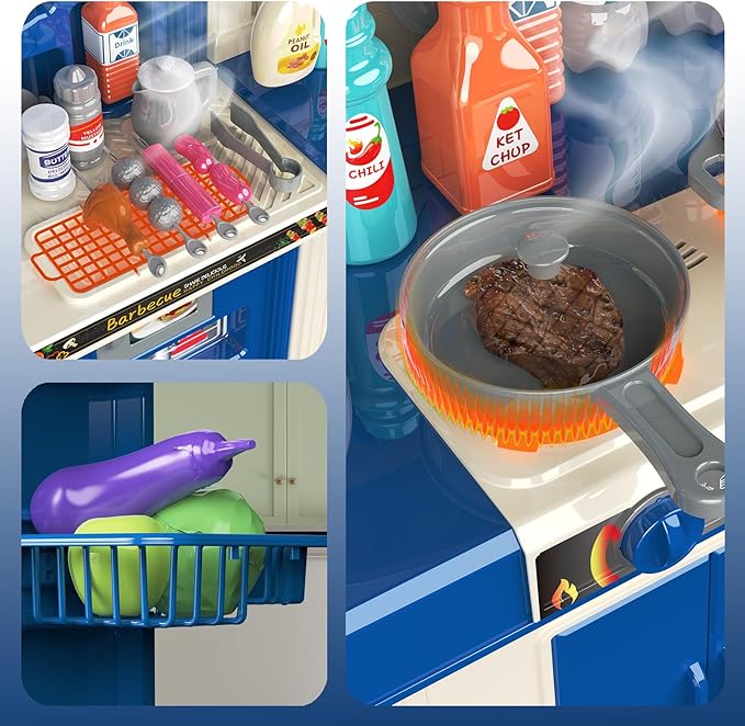 Kids Kitchen playset, Play Kitchen for Kids Ages 4-8, Accessories Set with Realistic Lights and Sounds, Simulation of Spray and Play Sink, Kitchen Set for Kids Ages 3-5 for Girls and Boys