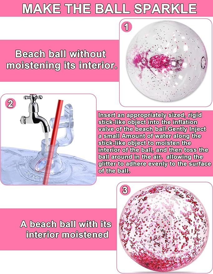 12 Pack Inflatable Beach Balls Bulk 16" Pink Glitters Pool Toys Balls for Pool, Beach, Summer Pool Party - Swimming Pool Game Water Beach Toys Kid Party Favor Decorations Summer Blow Up Beach Ball