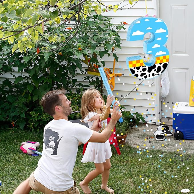 16 Inch Number 3 White Cloud Pinata with 16 Inch Piñata Stick Blindfold Confetti for Boy Girl Kids 3rd Birthday Party Decorations(3rd)