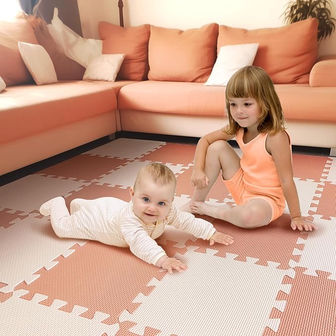 TCBunny Kids Soft EVA Foam Jigsaw Puzzle Play Mat, 18 Interlocking Tiles and Edges Baby Play Mat, for Kids Gym, Nursery, Playroom, Pet Mat, Total Floor Coverage 16 Sq Ft, Pink/Peach