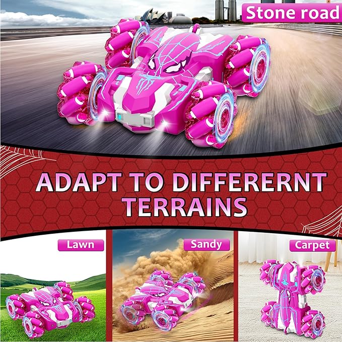 Remote Control Car for Girls, Rechargeable RC Cars Toys with Cool Lights, 2.4Ghz Double Sided Drift RC Stunt Cars, 360°Rotating 4WD Off-Road Race Car for 4-6 6-12 Girl Kids Gifts