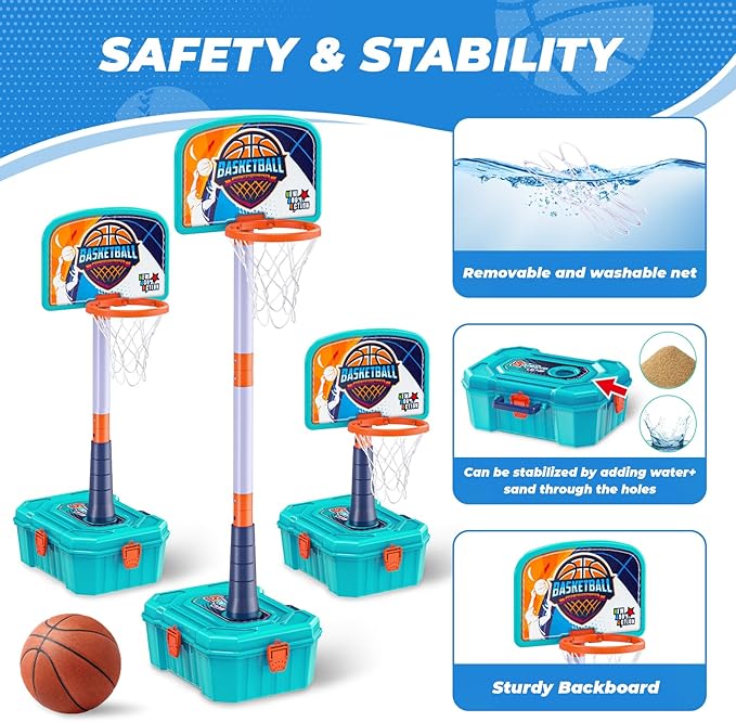4 in 1 Basketball Hoop for Kids 1-3,Toddler basketball hoop and T-Ball Set,Height Adjustable Kids Basketball Hoop,Baseball Launcher,Indoor/Outdoor Basketball Hoop Toy for Boys and Girls Birthday Gifts