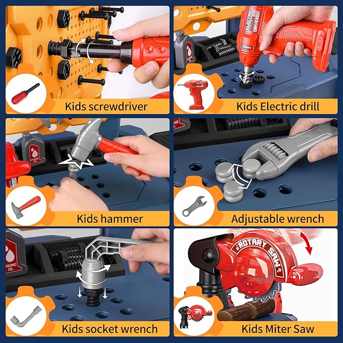 Deejoy Kids Bench with Realistic Tools & Electric Drill, 79 Pcs Realistic Toy Tools with Clothes, Toddler Learning Gift for Boys & Girls Age 3-5 (Blue) 32x26.6x14.4 in