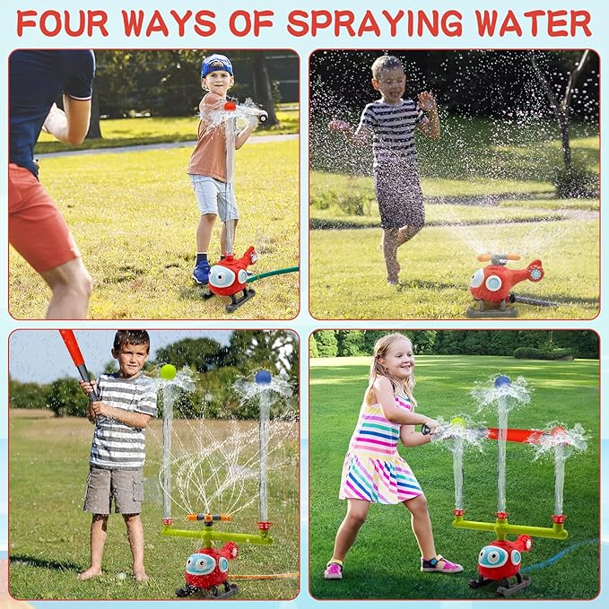 4 in 1 Water Sprinklers T Ball Set for Kids and Toddlers, Baseball Sprinkler for Backyard Helicopter Toy Outdoor Game, Attaches to Garden Hose Summer Yard Pool Water Toy