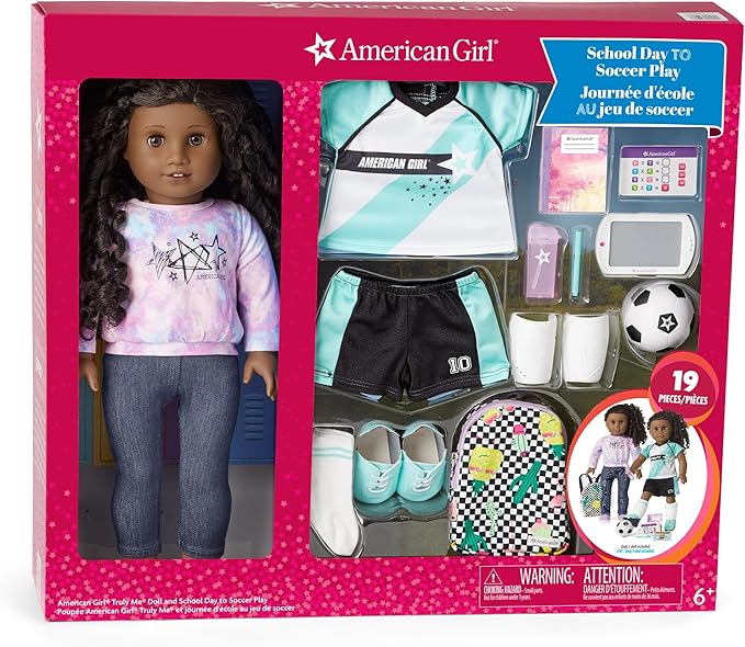 American Girl Truly Me 18-inch Doll 67 & School Day to Soccer Play Playset with Supplies, Uniform, and Ball, For Ages 6+