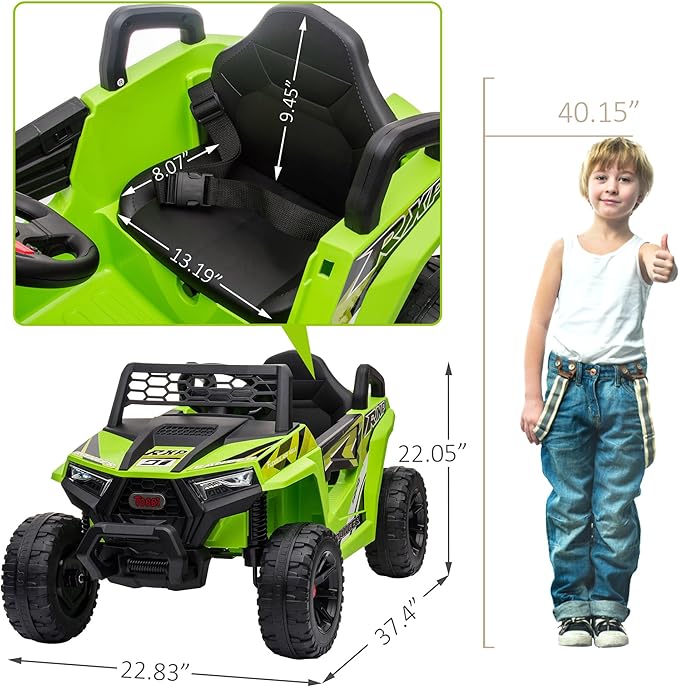TOBBI 12V Kids Ride on Car, Electric Off-Road UTV Truck with Forward and Reverse Functions, Double Open Doors, Safety Belt, Horn, Music, and Lights for Kids Aged 3-5 Years (Fluorescent Green)