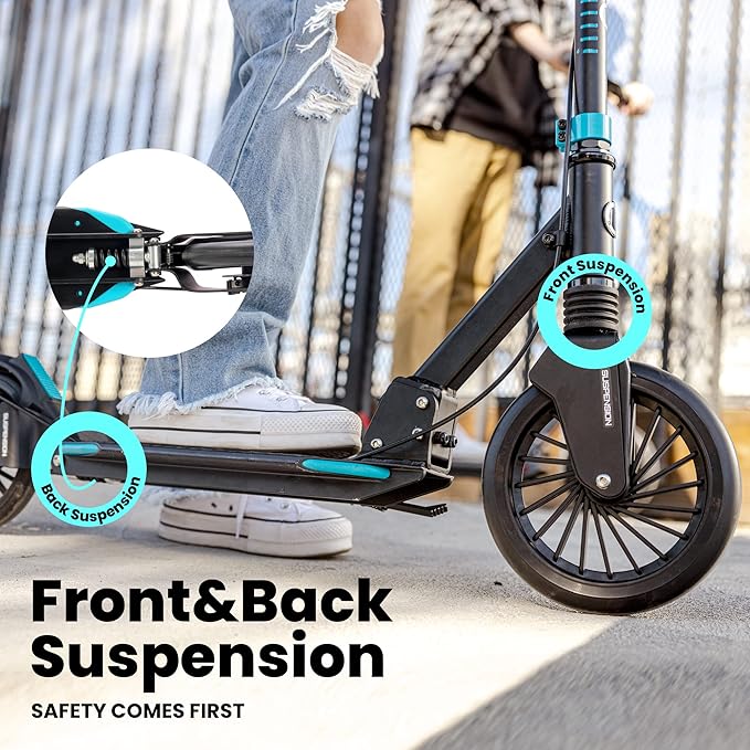 Aero Big Wheel Scooters for Kids Ages 8-12, Teens and Adults. Manual Kick Scooter for Boys and Girls, with Hand Brake, Rubber Mat, Shock Absorption, Foldable and Height Adjustable