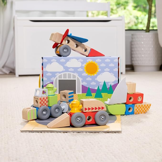 Melissa & Doug Blockables™ Vehicles Snap and Play, Mix and Match Connectable Wooden Building Blocks Play Set Toy for Preschool Boys and Girls (54 Pcs)