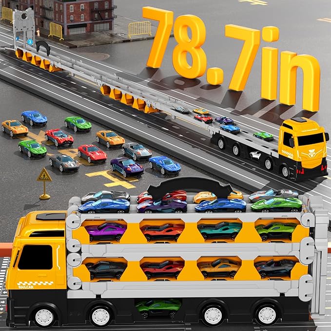 78-Inch Cars Trucks Toys for Toddler 1-3 2-4 3-5 4-7 Years Old Boys Kids, Transport Truck Toys with 24 Pcs Die-Cast Cars, Toys Gifts for 3 4 5 6 Year Old Boys, Toddler Boy Toys Ages 3-5 4-7