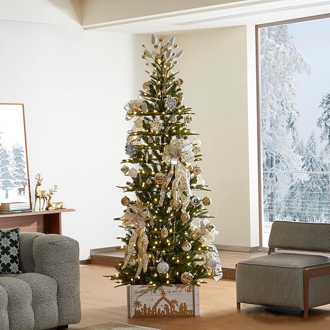 Glitzhome 7.5ft Artificial Prelit Christmas Tree, Cascade Evergreen Slim Christmas Tree with 350 Strawberry Lights,998 PE&PVC Tips, 9 Functional Warm White/Multi-Color, Remote Controller