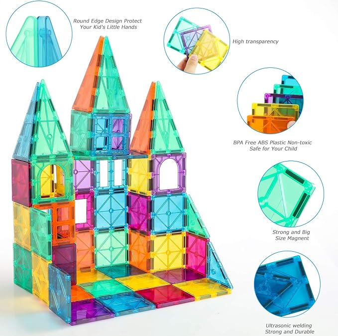 STEM Magnetic Tiles 70pcs, Montessori Sensory Building Blocks for Toddlers Ages 3+ Educational Construction Toys with Stacking Blocks, Creative Learning for Boys & Girls