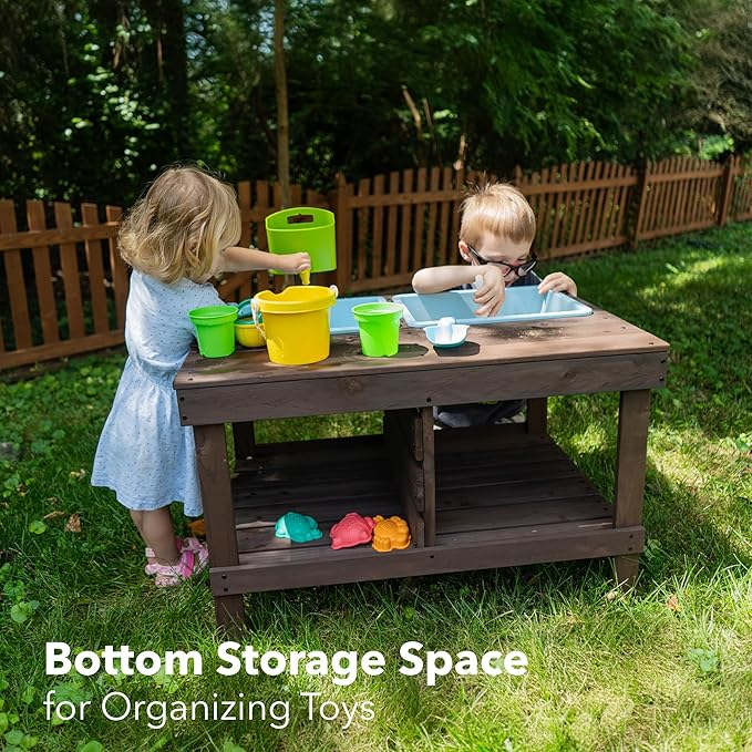 WONKAWOO Sand and Water Table for Toddlers | Outdoor Wooden Sensory Sand Table with 2 Plastic Bins, Built-in Water Tap and Beach Toys Included | Sand & Splash Oasis™ Standing Play Activity Table
