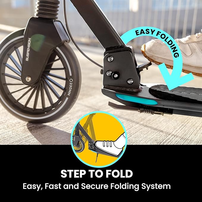 Aero Big Wheel Scooters for Kids Ages 8-12, Teens and Adults. Manual Kick Scooter for Boys and Girls, with Hand Brake, Rubber Mat, Shock Absorption, Foldable and Height Adjustable