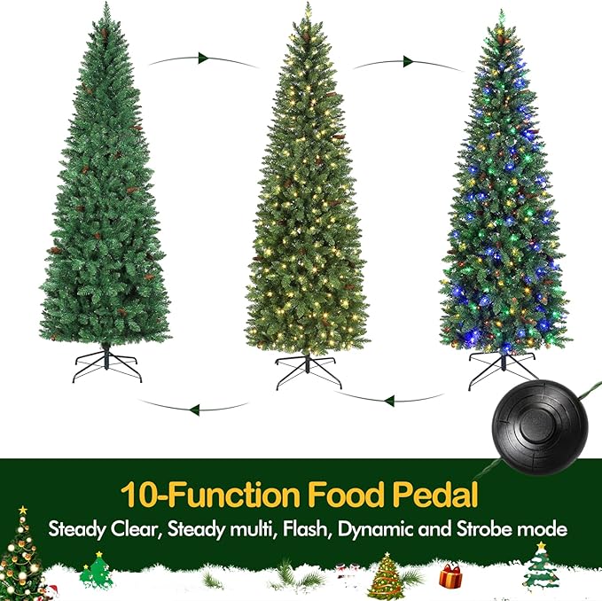 Hykolity 7.5 ft Prelit Pencil Slim Christmas Tree, 792 Branch Tips, 300 Color Changing LED Lights for Decoration, Metal Stand and Hinged Branches, 10 Color Modes