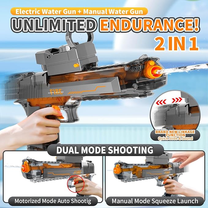 Automatic Manual Dual Modes Electric Water Guns - 36FT Transparent Automatic Long Range Squirt Guns High Powerful Strongest Water Gun Best Water Gun for Summer Pool Toys for Kid & Adult - Grey