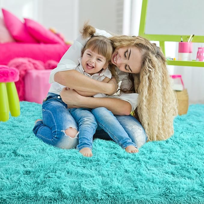 Ompaa Soft Fluffy Area Rug for Living Room Bedroom, 4x6 Teal Blue Plush Shag Rugs, Fuzzy Shaggy Accent Carpets for Kids Girls Rooms, Modern Apartment Nursery Dorm Indoor Furry Decor