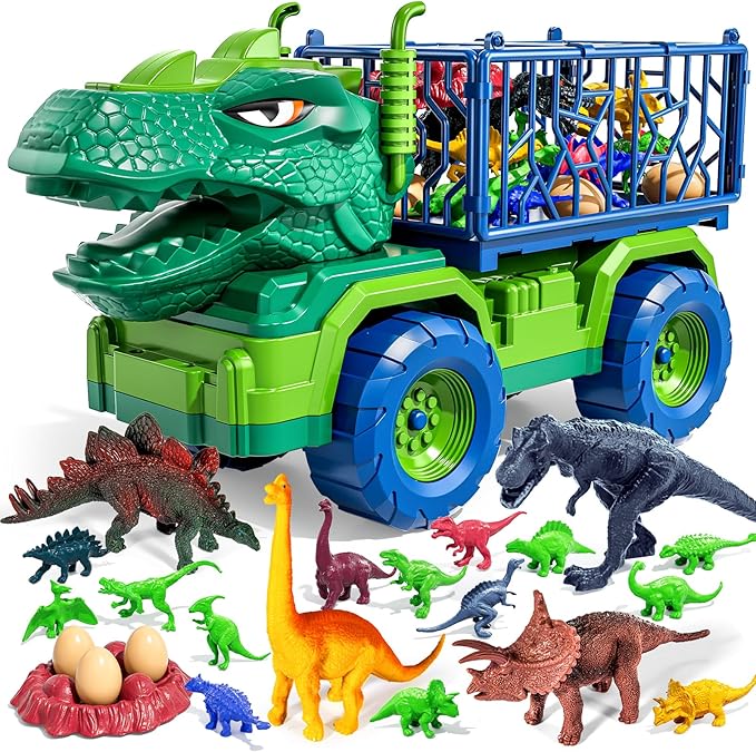 22 in 1 Toddler T-rex Dinosaur Truck Toy Set for Kids Boys 3-5 5-7, Tyrannosaurus Carrier Transport Truck with 18 Jurassic Dino Figures, Birthday Toy for Boys Girls 3 4 5 6 7 Years Old