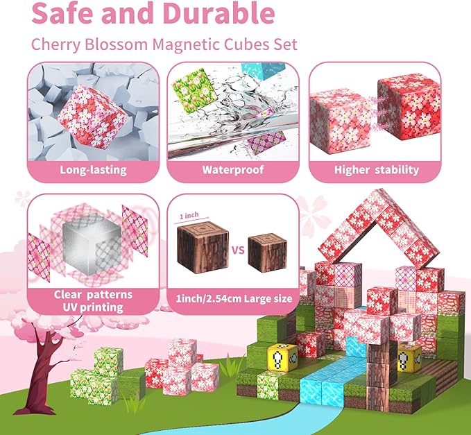 Magnetic Blocks-120PCS Magnets Cubes, Cherry Blossom Magnetic Building Blocks Toddler Toys for Age 3-4 5-7 6-8,STEM Sensory Toys Birthday Gifts for 3+ Years Old Boys & Girls
