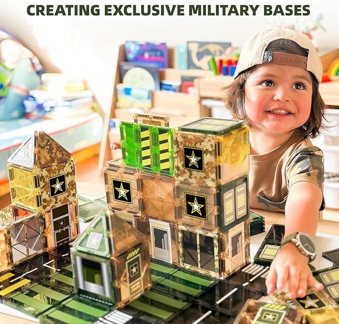 48PCS Army Magnetic Tiles Building Toys for Boys 3+, Military Magnetic Blocks for Toddlers STEM Construction Preschool Toys for Kids, Upgraded Sensory Magnets for Kids Birthday Gifts