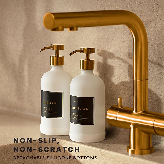 16oz Glass Soap Dispenser with Stainless Steel Pump, 21 Waterproof Labels, Non-Slip Protective Silicone Pad, Set of 2 for Bathroom & Kitchen (Matte White Bottle/Brushed Gold Pump)