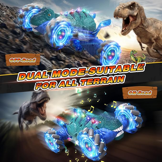 Remote Control Car,Dinosaur Toys car for Kids,2.4GHz LED Gesture Sensing RC Car,4WD Rotation RC Stunt Car with Lights and Music,Dino Toys for Kids Ages 3 4 5 6 7 Gifts for Boys Girls(Blue)