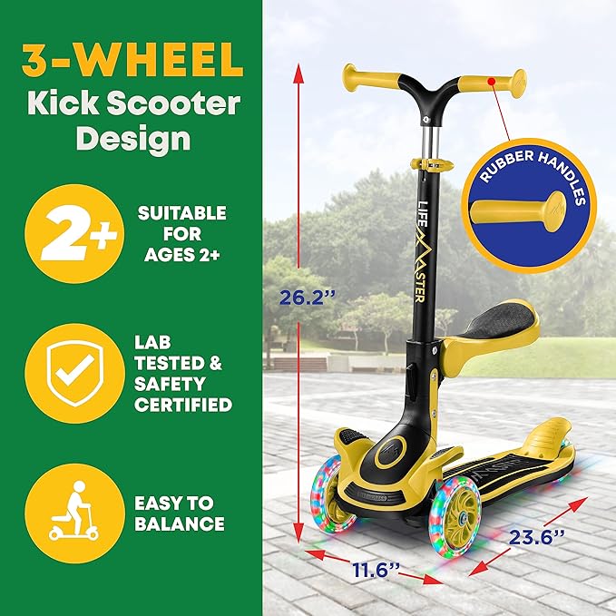 Kids Scooter – Foldable Seat – LED Wheel Lights Illuminate When Rolling – Children and Toddler 3 Wheel Kick Scooter – Adjustable Handlebar – Indoor and Outdoor- by Lifemaster