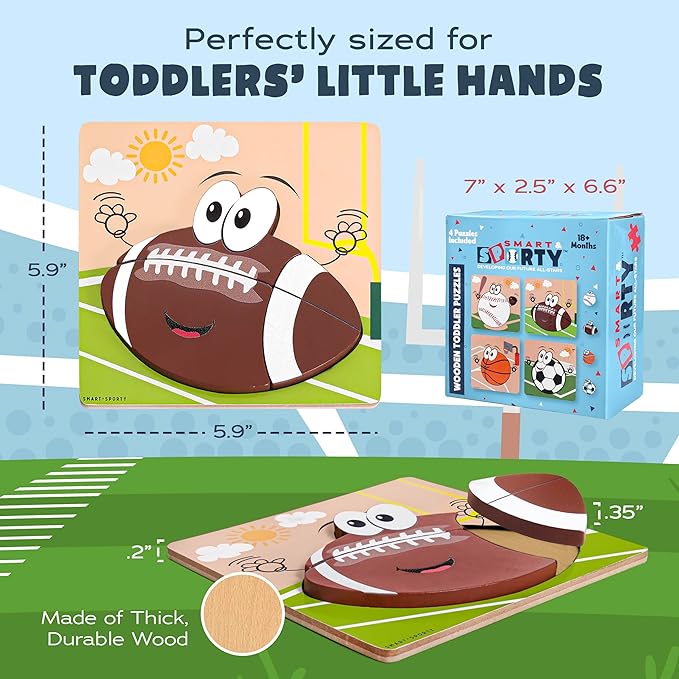 Wooden Puzzles for Toddlers 2-4 | Sports Puzzles | Wood Puzzles for Kids, Toddler Sports Toys for Toddlers, Basketball Toy, Football Toys, Baseball Toy, Soccer Toddler Puzzle 2 3 Year Old Boy
