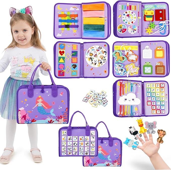 Esjay Toddler Busy Board, Montessori Toys Busy Book, Sensory Board Birthday Gifts for Girls Boys, Learning Educational Toy for Fine Motor Skills, Travel Activities for Airplane Car