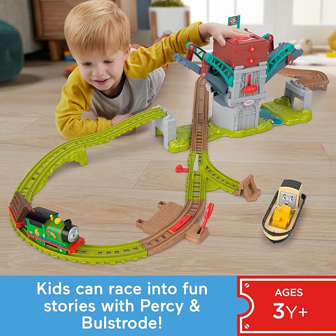 Thomas & Friends Toy Train Set Talking Bulstrode & Which-Way Bridge Track Playset with Sounds & Percy Engine for Kids Ages 3+ Years