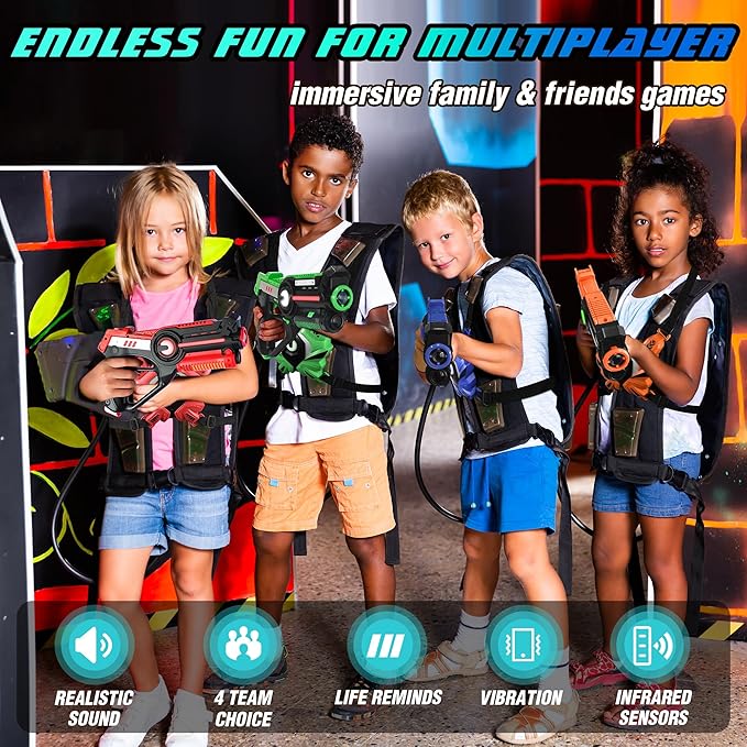 Laser Tag, Laser Tag Guns Set of 4 with Vests, Infrared Lazer Tag Game, Laser Tag Set 4 Player for Kids Adults, Toys for Kids Ages 6 7 8 9 10 11 12+ Year Old Boy Christmas Birthday Gift