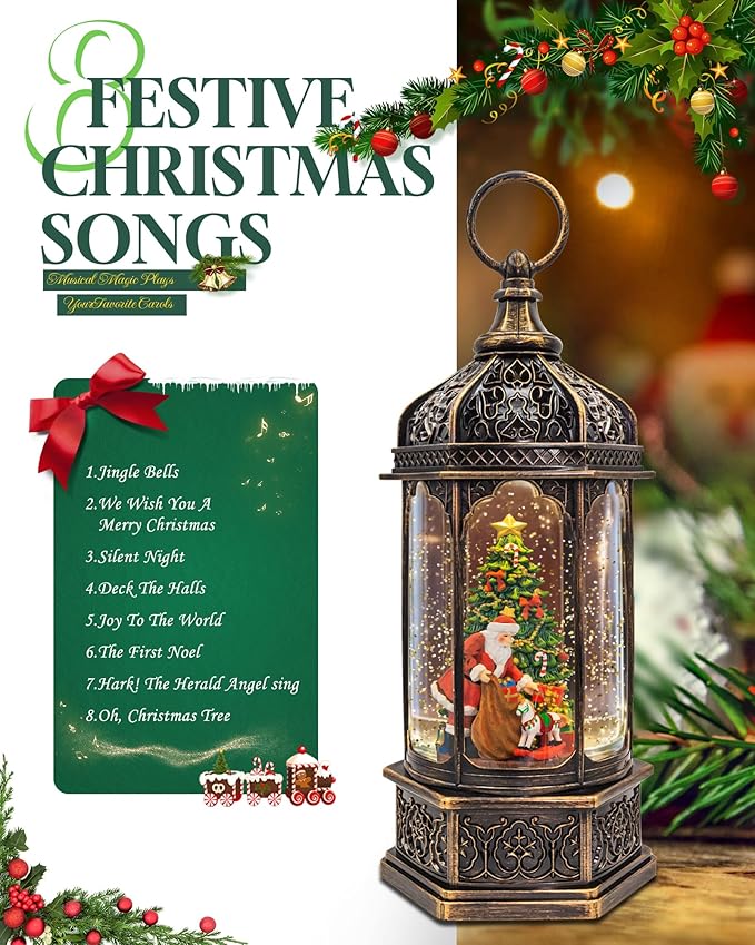 Musical Christmas Snow Globes Lantern, 13" Lighted Electric Snowglobes with 8 Holiday Songs, 6H Timer Dual Power, Santa with Gifts Christmas Ornaments Snow Globe for Kids Adults, Gifts for Men Women