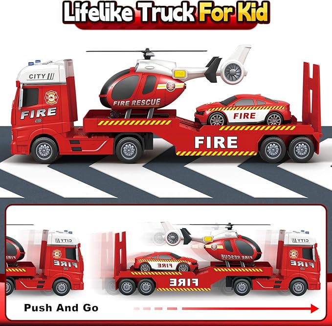 SpringFlower Large Fire Truck Toy with Racing Car and Helicopter, 3 in 1 Lights & Sounds, Christmas & Birthday Gift for Kids 3-6 Years