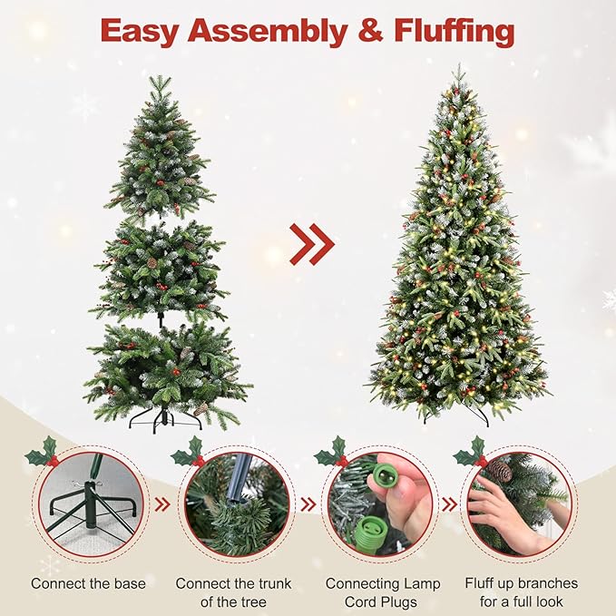 7Ft Pre-Lit Artificial Christmas Tree Fully Pre-Decorated with 2178 Flocked Frosted Tips, 75 Berries, 75 Pine Cones, 450 Lights, Realistic Xmas Tree with Metal Hinges& Floded Stand