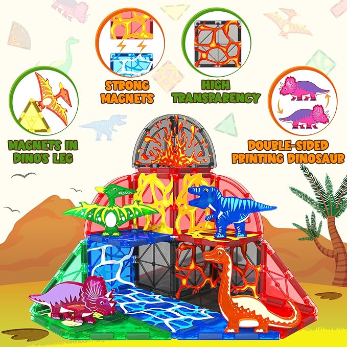 Dinosaur Toys Magnetic Tiles Lava Dinosaur World Set - Magnetic Blocks Building Toys for Kids 3-5 5-7 Girls Boys Toys Age 4-6 6-8, Classroom Must Haves Toddler Sensory Toys for 3+ Year Old Kids Toys