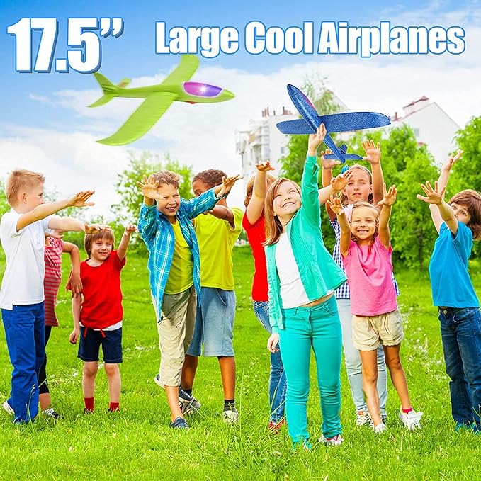 BooTaa 4 Pack LED Foam Airplane,17.5" Large Throwing Foam Plane, 2 Flight Mode Glider, Flying Toy for Kids, Gifts for 3 4 5 6 7 8 9 Years Old Boy, Outdoor Sport Toys Birthday Party Favors