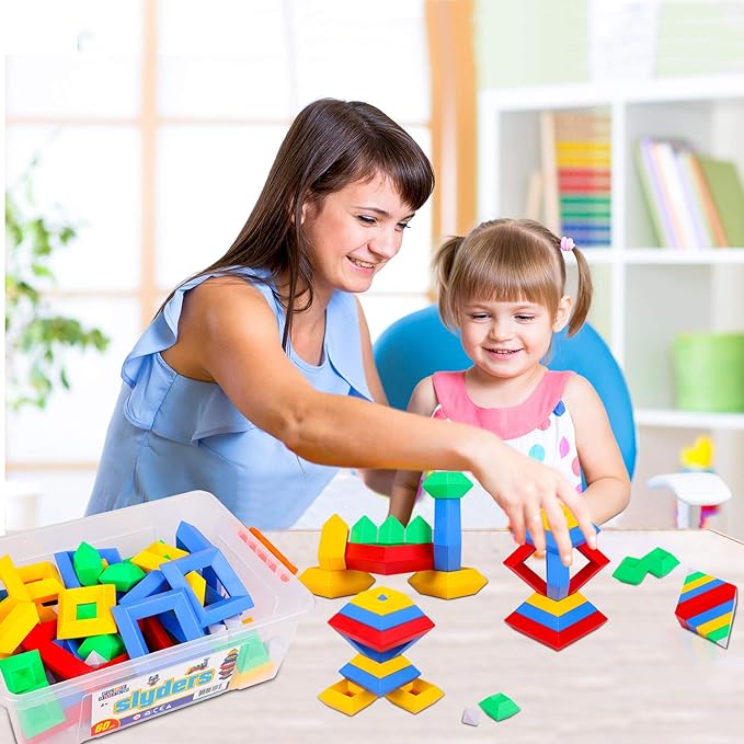 Slyder Set: 60 Pieces 3D Pyramid Building Blocks, Geometric Stacking Toys for Kids Ages 4+ - Creative Early Childhood STEM Educational Toys for Preschool Boys and Girls