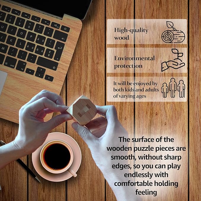VolksRose 9pcs Wooden Brain Teaser Puzzles, IQ Challenge Puzzle Games, Logic Smart Mind Puzzle Box Lock Toy Removing Assembling 3D Small Puzzle Gift Set for Adults Teenagers Kids, 1.8inch 4.5cm
