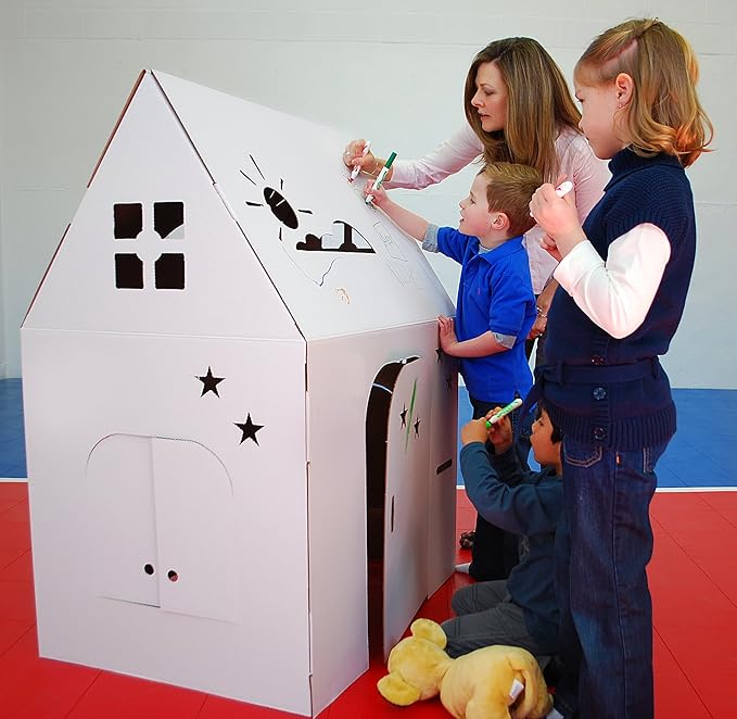 Easy Playhouse - Kids Art and Craft for Indoor and Outdoor Fun, Color, Draw, Doodle on this Blank Canvas – Decorate and Personalize a Cardboard Fort, 34" X 27" X 48" - Made in USA, Age 3+