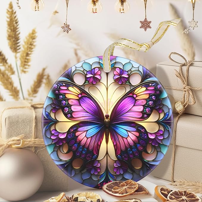 3.5 Inch Ceramic Christmas Tree Ornament, Butterfly Christmas Ornaments, Heirloom Keepsake, Gift Exchange, Gift Idea, Bauble Present