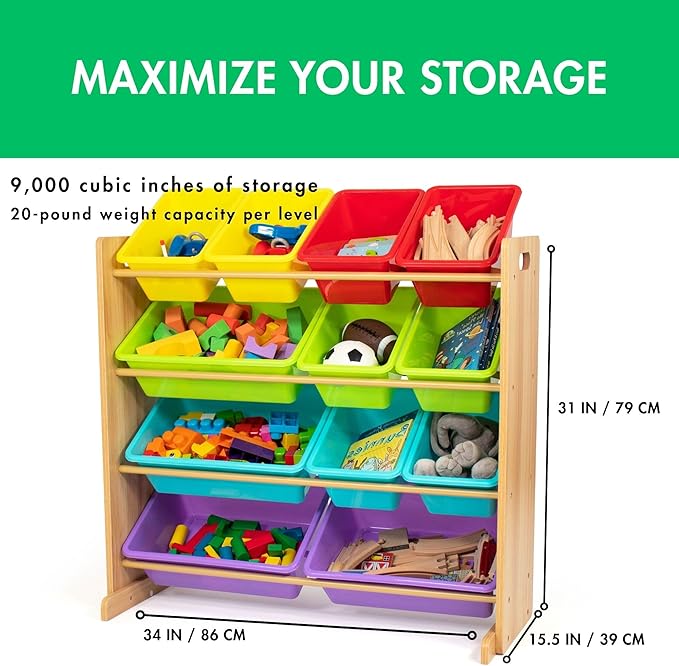 Humble Crew Kids Toy Storage Organizer with 12 Storage Bins, Rainbow/Natural Wood