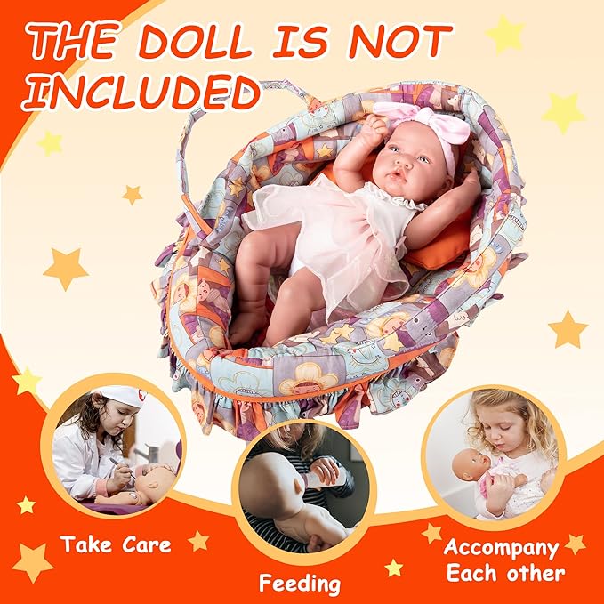 Doll Carry Cot Set Doll Carrier Soft Basket Bassinet, Includes 1 Cot and 1 Pillow, Orange Cartoon Doll Bassinet, Fits for 18-inch American Girl Dolls