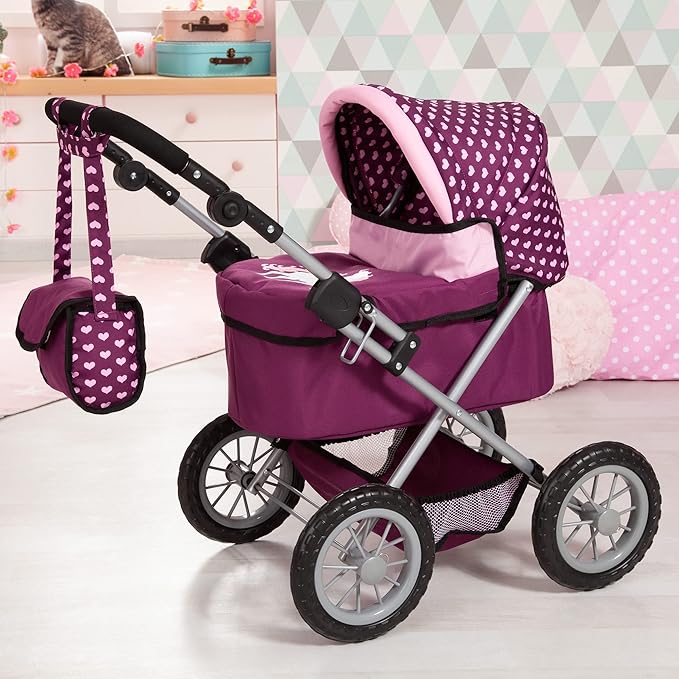 Bayer Design Dolls: Trendy Pram - Burgundy, Pink, Hearts - Includes Shoulder Bag, Fits Dolls Up to 18", Adjustable Handle, Kids Pretend Play, Shopping Basket, Easy to Fold, Ages 3+