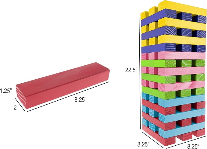 Hey! Play! Nontraditional Giant Wooden Blocks Tower Stacking Game with Dice, Outdoor Yard Game, for Adults, Kids, Boys and Girls (Rainbow Color)