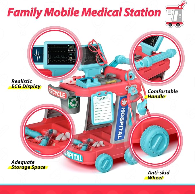 Liberry Doctor Kit for Toddlers Aged 2 3 4 5, Pretend Doctor Playset for Kids with Cart, Costume and Stethoscope, Role Play Medical Toy for Girls Boys (Red)