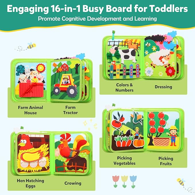 Busy Book for Toddlers 1-3 - Montessori Toys Busy Board for 1 Year Old Boy Girl Toys Educational Quiet Activity Books Learning Board Todder Airplane Travel Toy Birthday Gift - Farm Animals