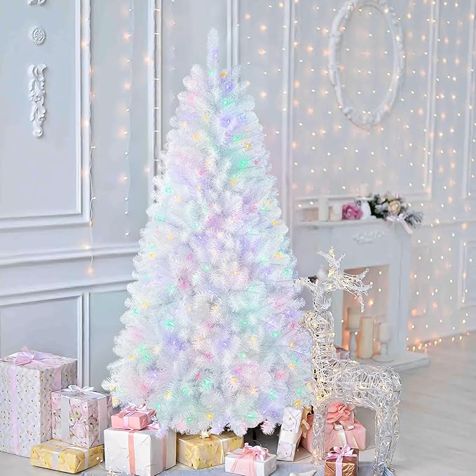 SHareconn 7ft Prelit Premium Artificial Classic Spruce Christmas Tree, 320 Warm White & Color LED Changing Lights, 1076 Branch Tips, Perfect Choice for Xmas Decoration,7 FT, White