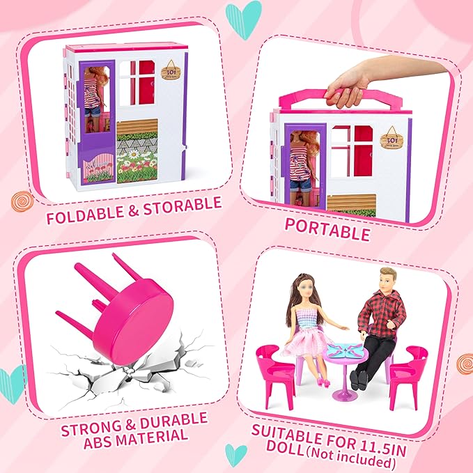 Doll House Portable & Foldable Dollhouse w/ 60+ Pcs & 2 Dolls, Play House Toy with Bedroom Kitchen Pet House Camping Playset, Playhouse Birthday Gift for Girl Kid Toddler