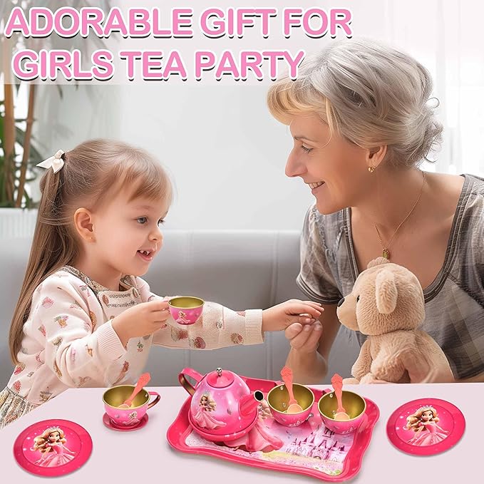 Tea Party Set for Little Girls, Pretend Tin Teapot Set, Princess Tea Time Play Kitchen Toy with Cups, Plates and Accessories for Birthday Easter Gifts Kids Toddlers Age 3 4 5 6