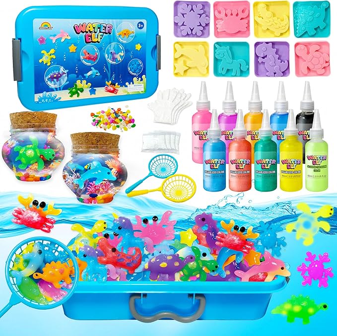 AGENTLAN Magic Water Elf Toy Kit,Aqua Fairy Squishy Making kit with 10 Water gels&8 molds,Magic Jelly elf,Glow in The Dark Water Pets Craft Kits,Sensory Toy Gift Ages 3 4 5 6 7 8 9